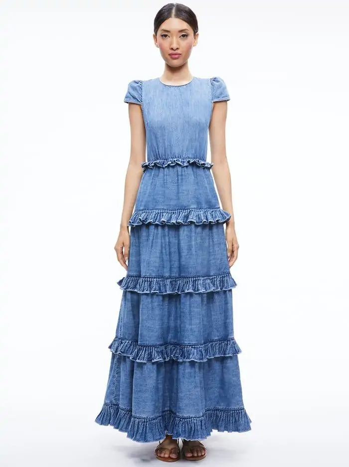 CADBY DENIM RUFFLED MAXI DRESS